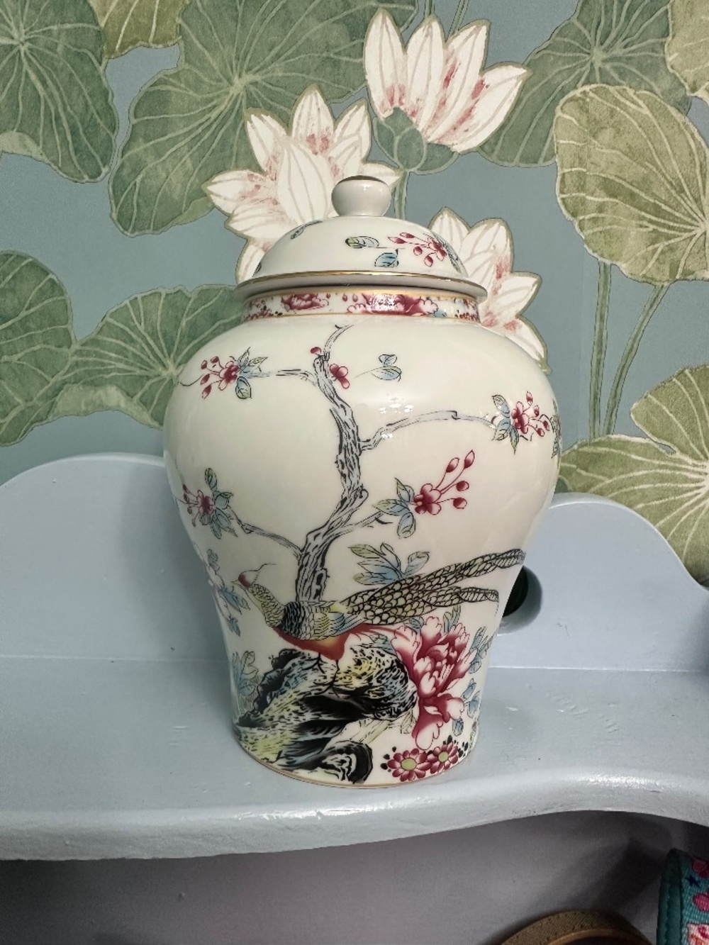 NWT Hand Painted Urn/Vessel Featuring Pheasants,Flowers,Foliage,Detailed Designs